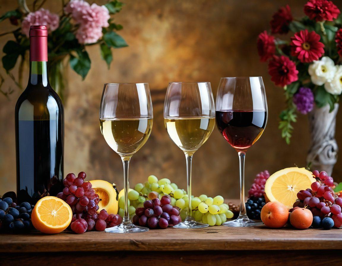 A whimsical scene featuring a beautifully arranged table adorned with elegant wine glasses filled with rich red and sparkling white wine, surrounded by elegant hairstyles made from colorful flowers and fruits. Soft, warm lighting creates a cozy atmosphere, inviting the viewer to enjoy joyful moments. Subtle hints of a vineyard backdrop and playful curly vines add a touch of nature, merging both wine and hair inspirations. vibrant colors. serene ambiance. soft focus.
