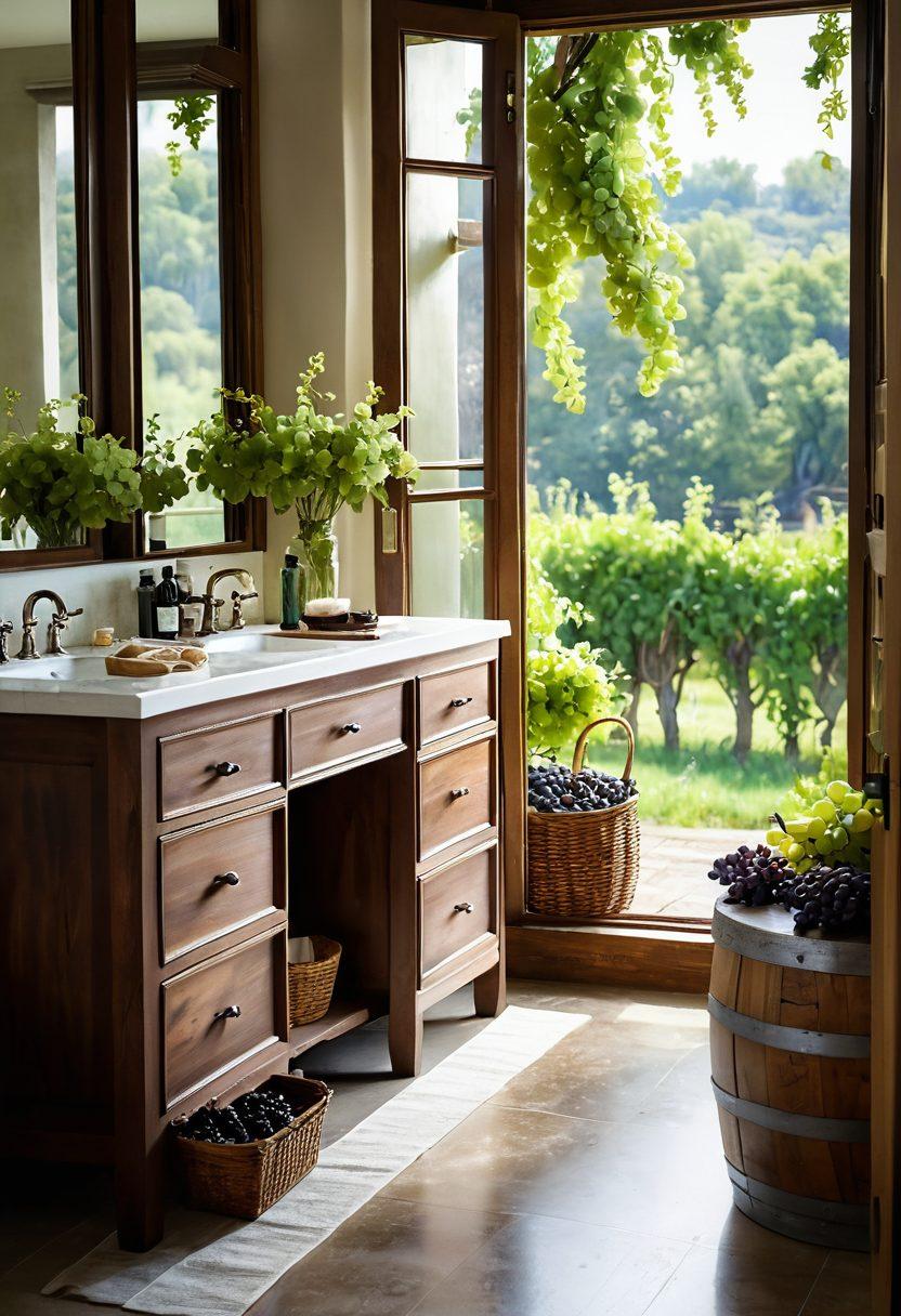A luxurious bathroom scene featuring a beautiful wooden vanity adorned with grape bunches and hair care products made from grape extracts. Soft sunlight filters through a window, highlighting the bottles and jars, and a lush green vineyard can be seen in the background. Grapes scattered elegantly around the counter add a touch of nature. The atmosphere is serene and inviting, suggesting a pampering self-care experience. watercolor painting. soft pastel colors. natural light.
